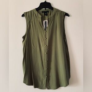 Joan Vass Olive Green Shirt Top V-Neck Buttons Sleeveless S
